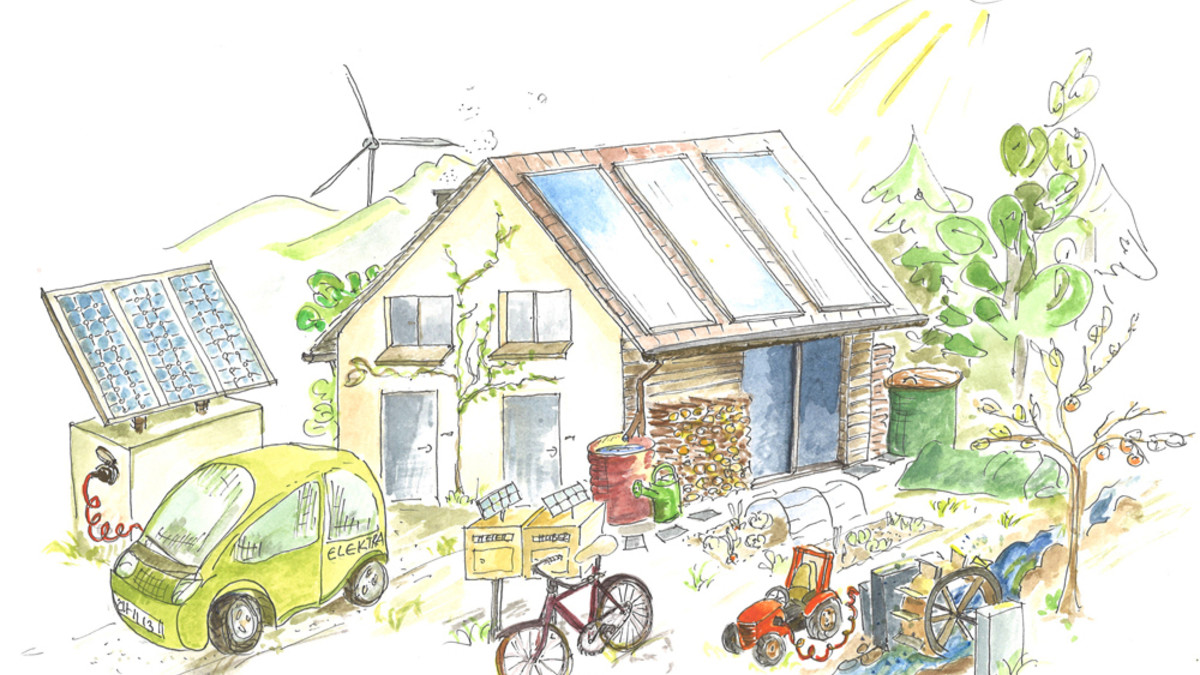 Das Bild zeigt ein Haus und erneuerbare Energiequellen