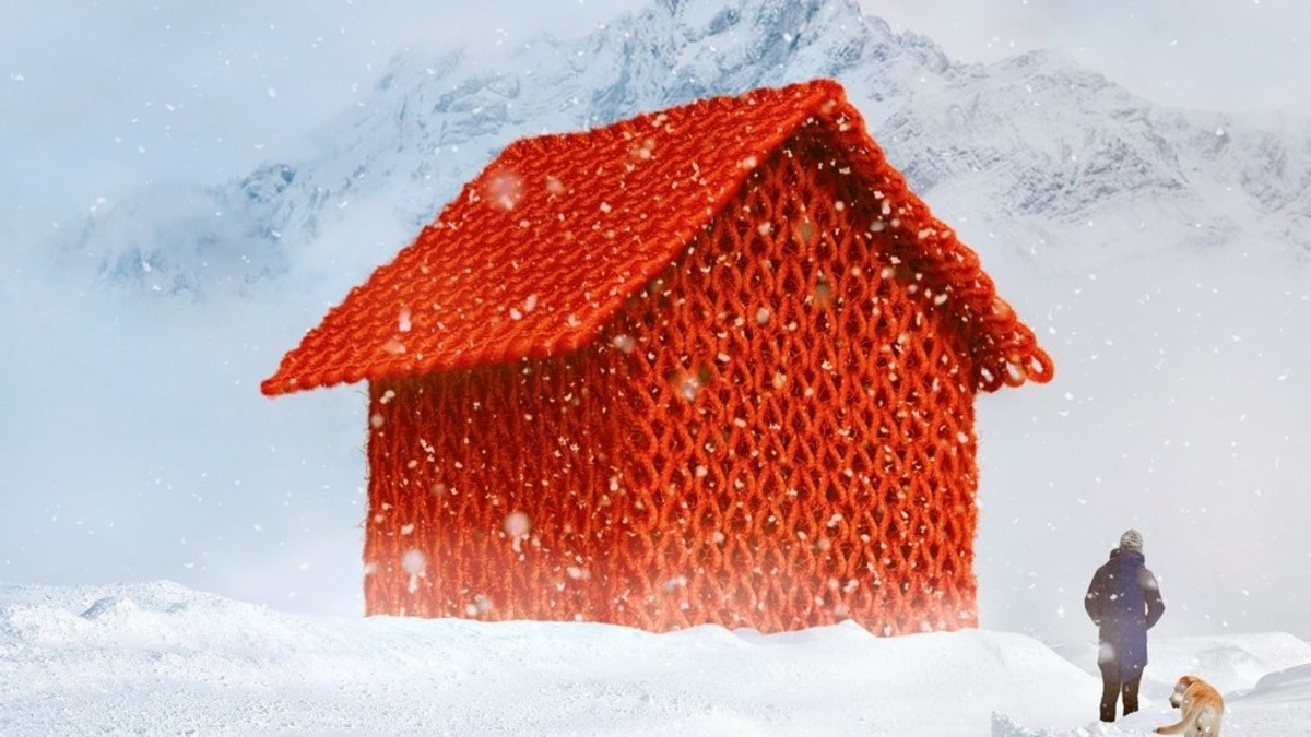 Ein Haus, gehüllt in rot gestricktem Pullover, steht auf einem Schneefeld