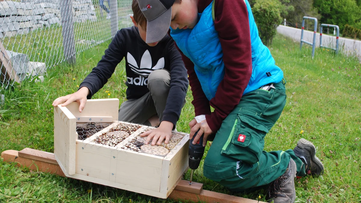 Zwei Jungs basteln ein Wildbienenhaus