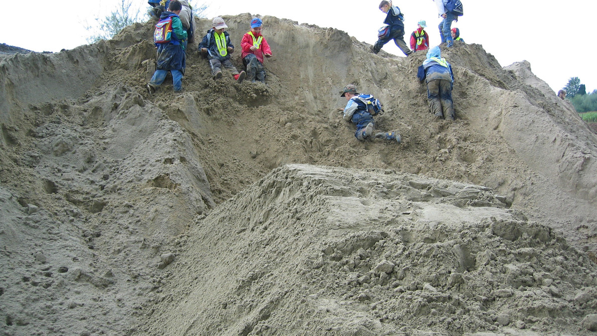 Schulkinder vergnügen sich auf einem Sandhaufen