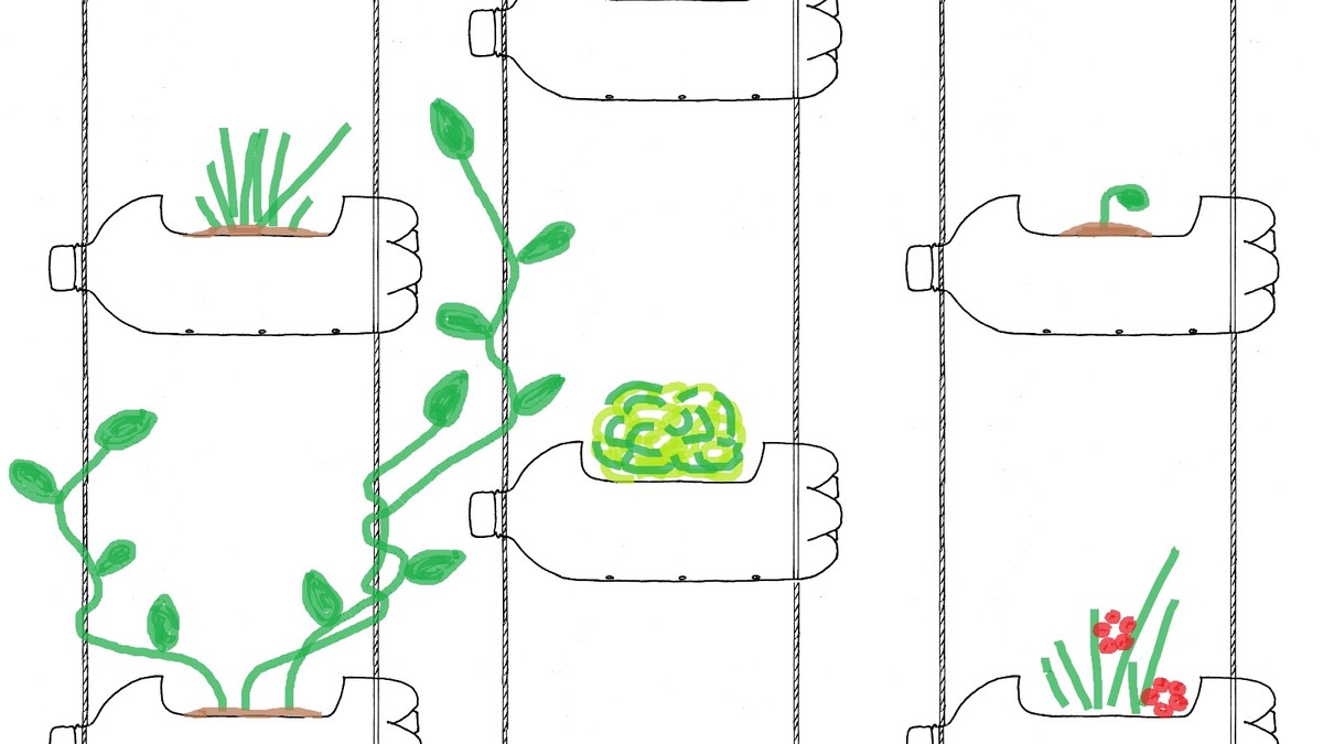 Schematische Darstellung eines Hängegartens aus PET-Getränkeflaschen