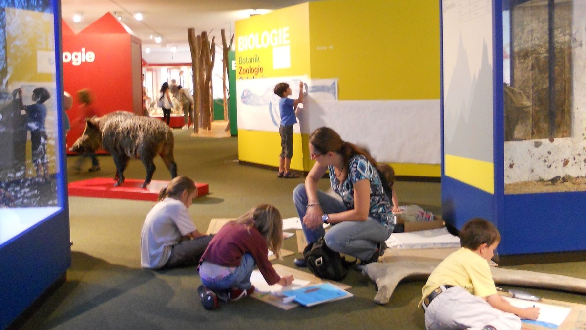 Kinder bearbeiten ein Naturthema liegend und sitzend im Museum
