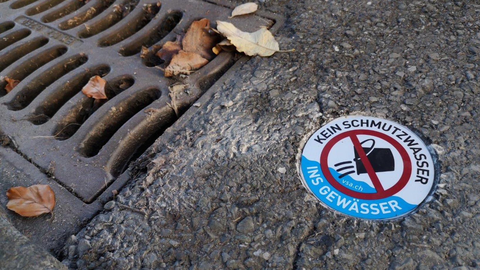Foto eines Entwässerungsschachts an einer Strasse mit Verbotsschild "Kein Schmutzwasser ins Gewässer"!