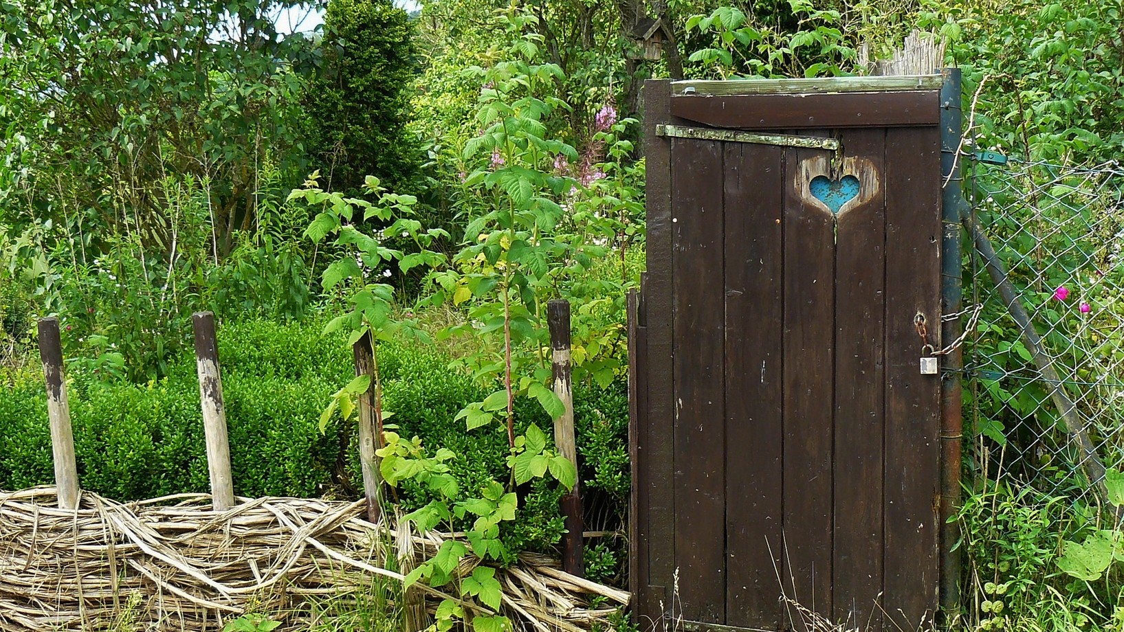 Eine alte WC-Türe wird als Gartenzauntüre verwendet