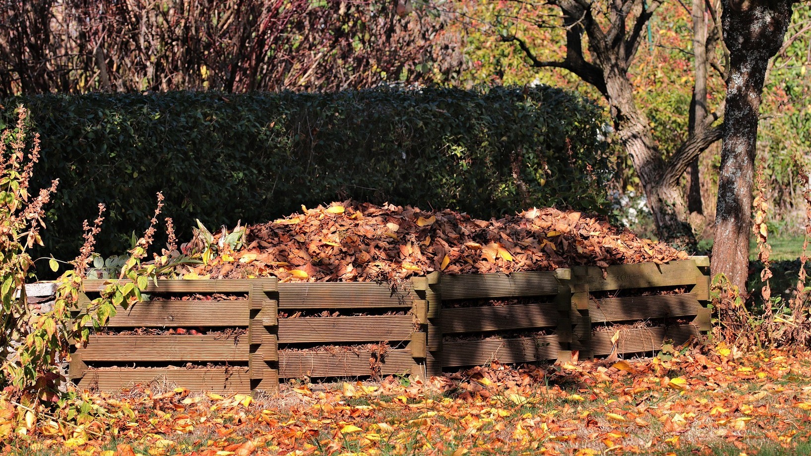 Ein Kompostgitter aus Holz mit viel Herbstlaub