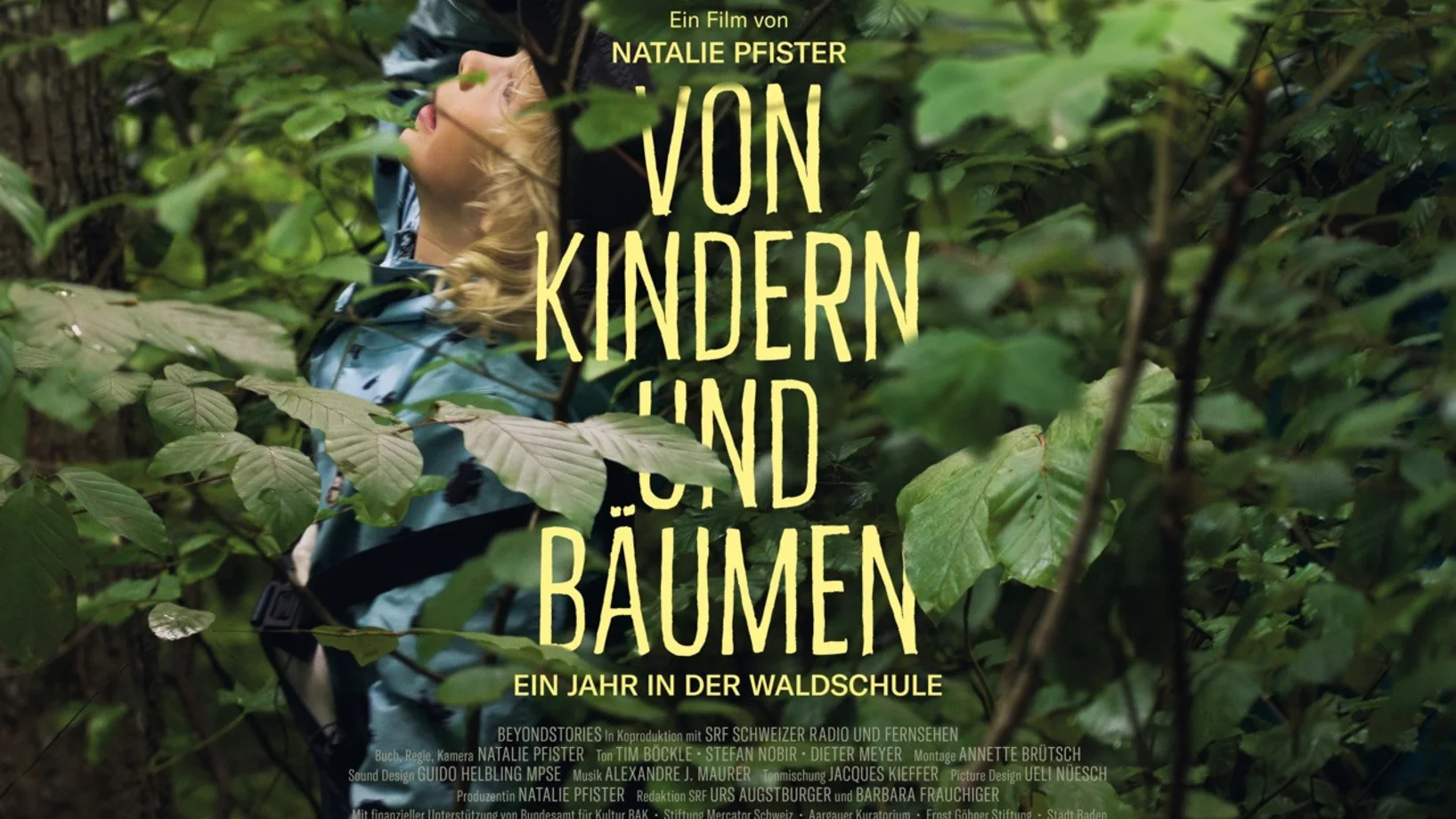 Junge schaut zu Baumkronen hinauf