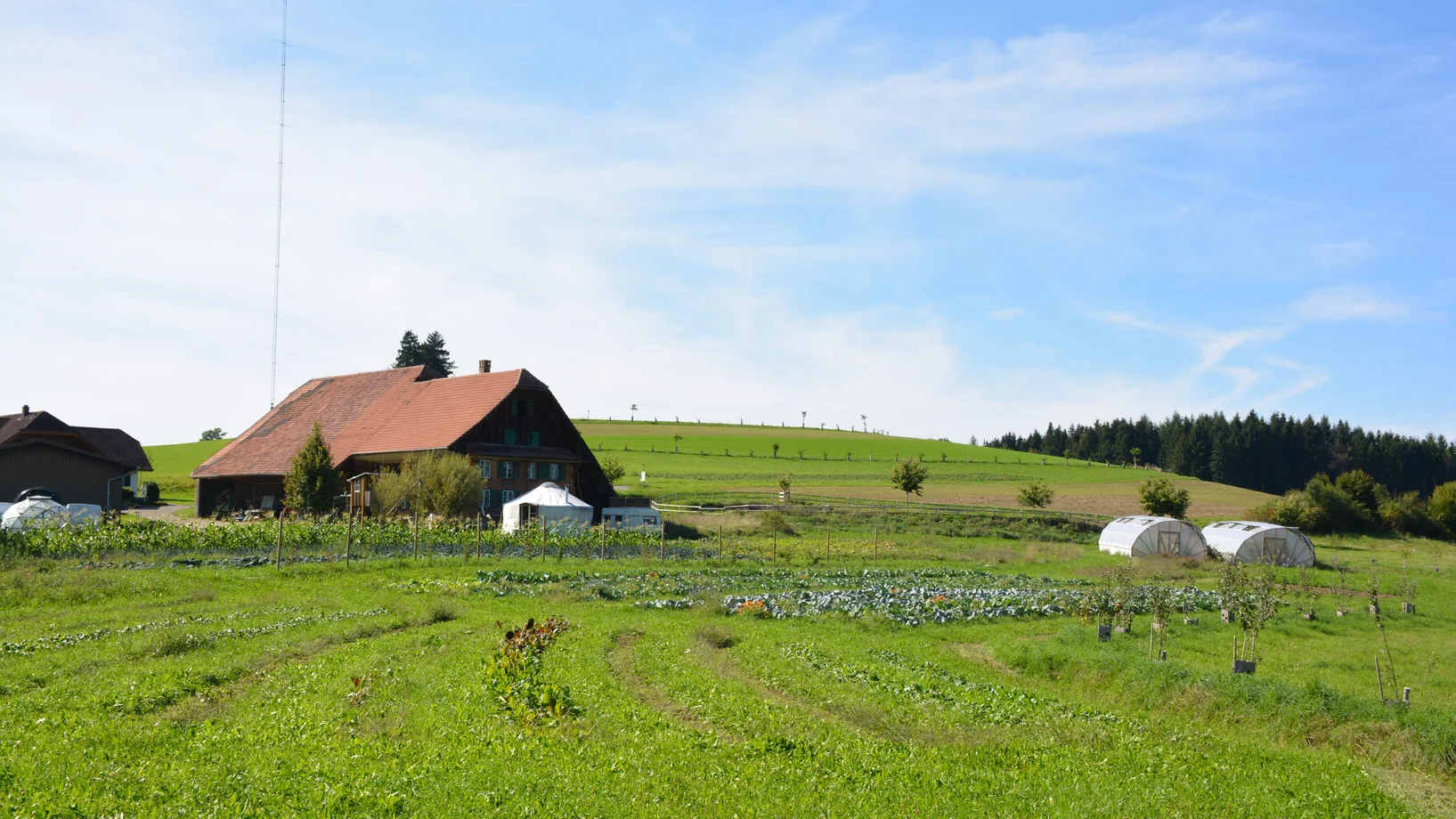 Keylines im Hintergrund und rechts im Bild, der Hof in der Mitte links und Gemüsefelder vorne links