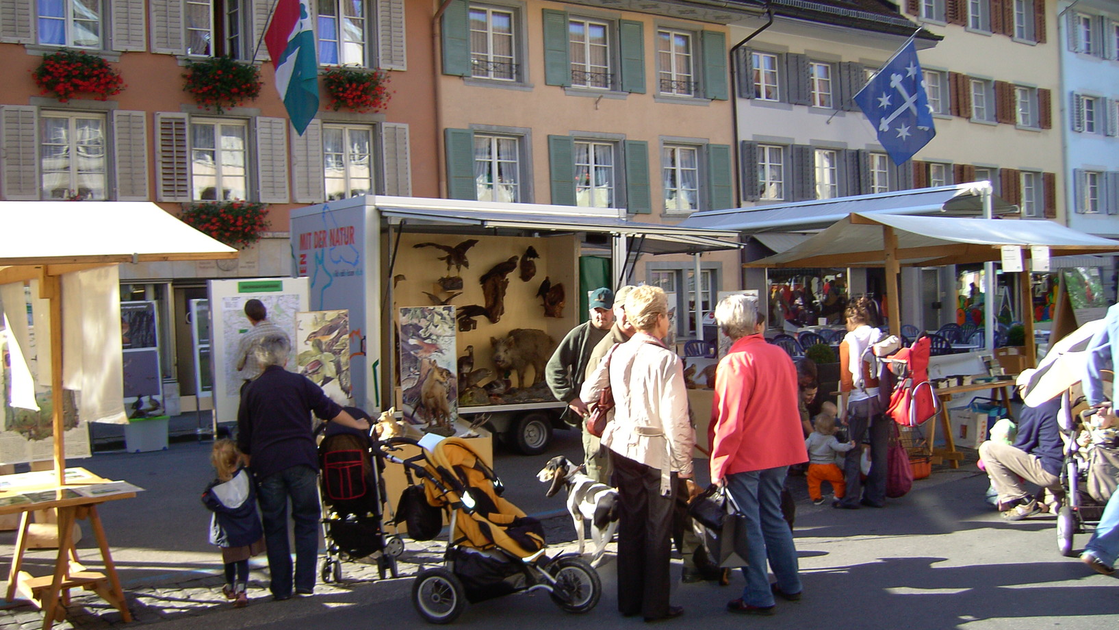 Junge und alte Menschen an verschiedenen Infoständen von Revierjagd Luzern