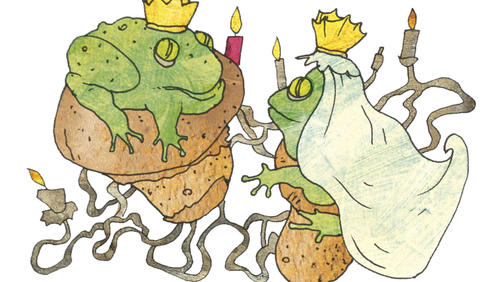 Froschkönigin und Froschkönig sitzen mit Kerzen auf Pilzen