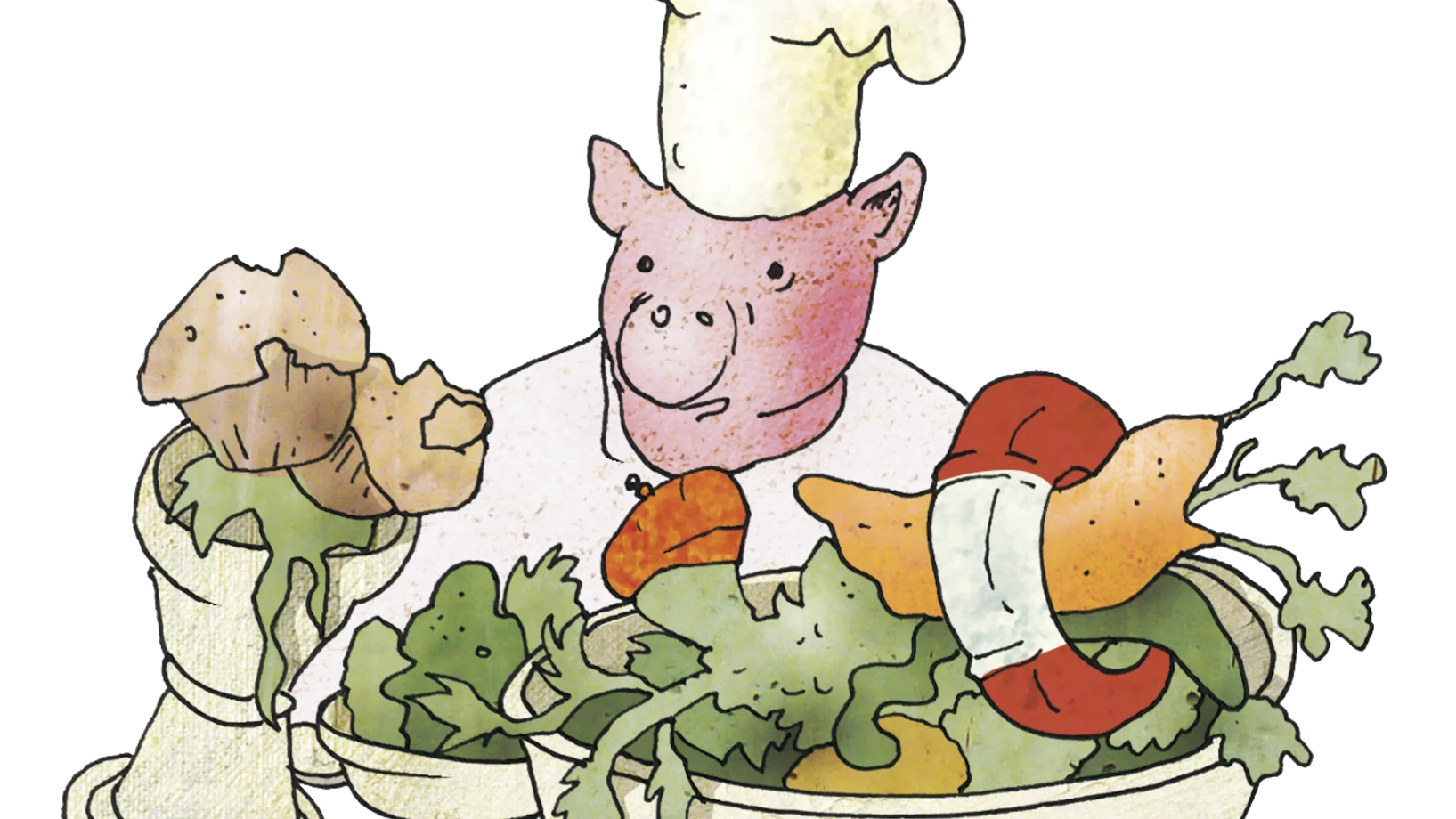 Schwein als Koch verkleidet steht hinter diversen Gemüseteller