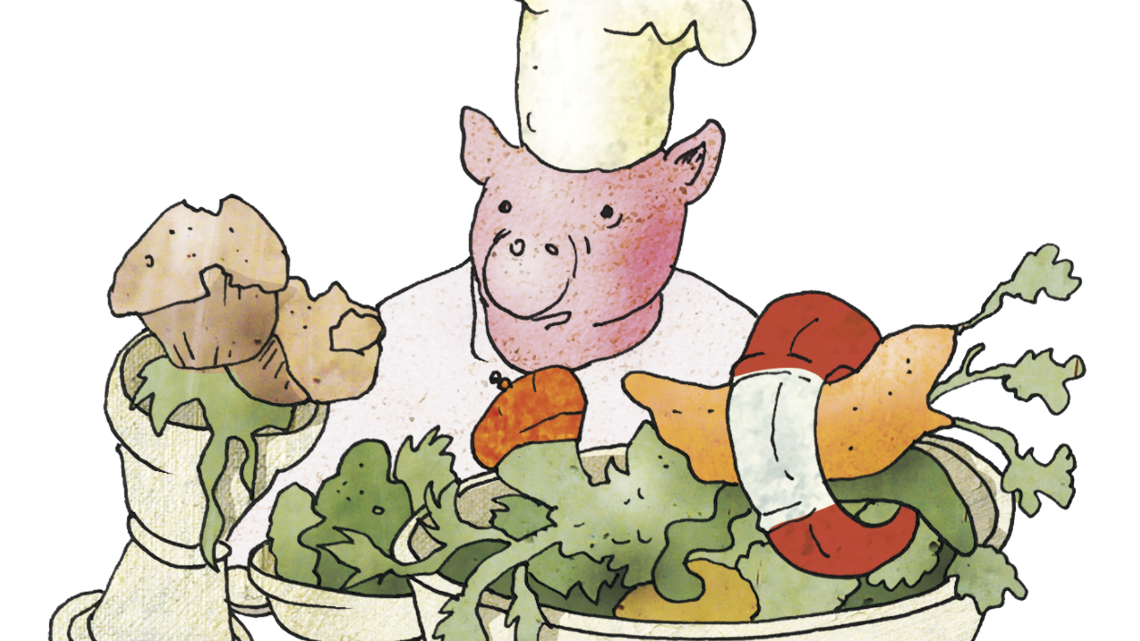 Schwein als Koch verkleidet steht hinter diversen Gemüseteller