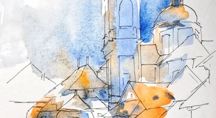 Aquarellzeichnung mit Dorf