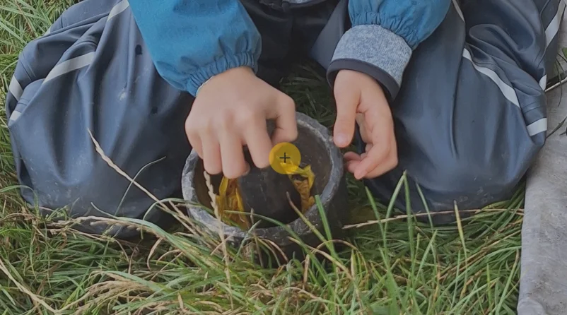 Kinderhände am Mörsern von Pflanzen