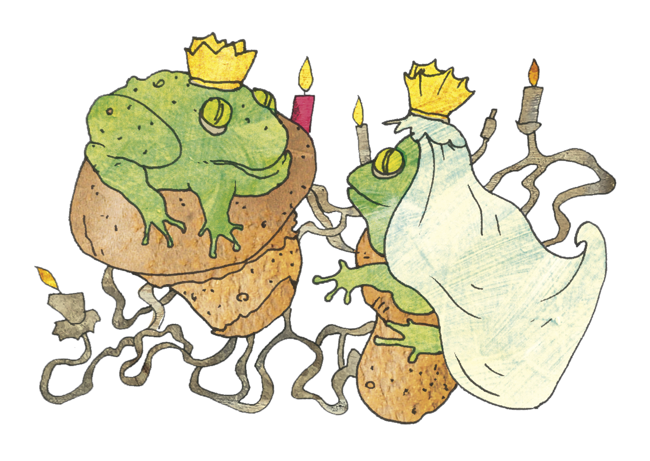 Froschkönigin und Froschkönig sitzen mit Kerzen auf Pilzen