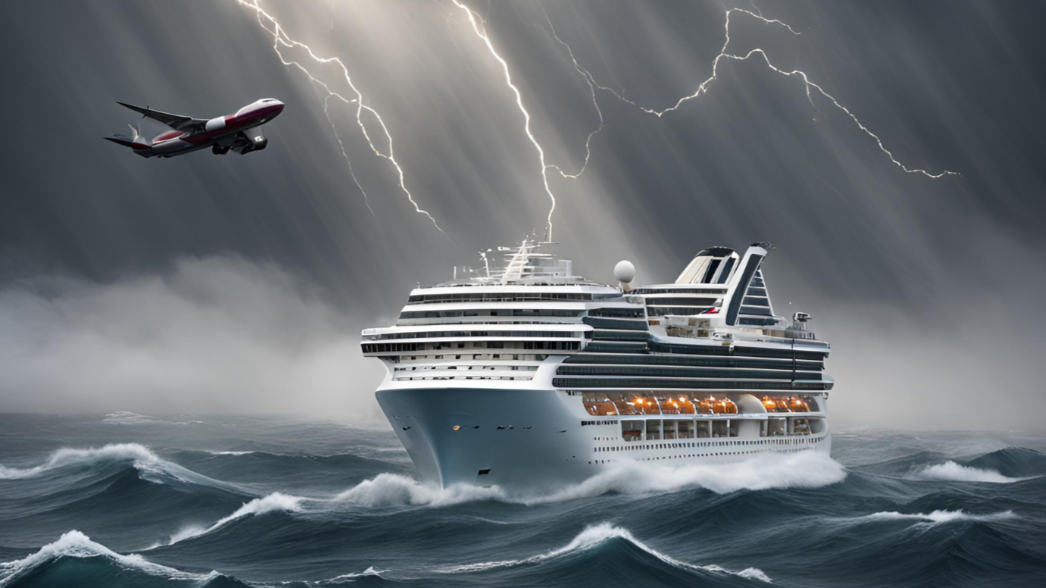 Kreuzfahrtschiff und Flugzeug bei stürmischer See